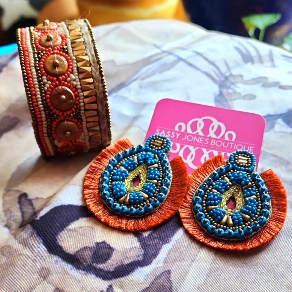 Sassy Jones Blue and Orange Beaded Earrings & Cuff Bracelet